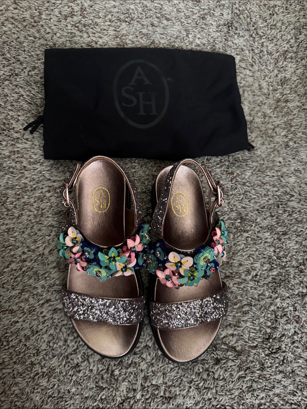 Ash Metallic Leather Beads and Glitter Sandals 36